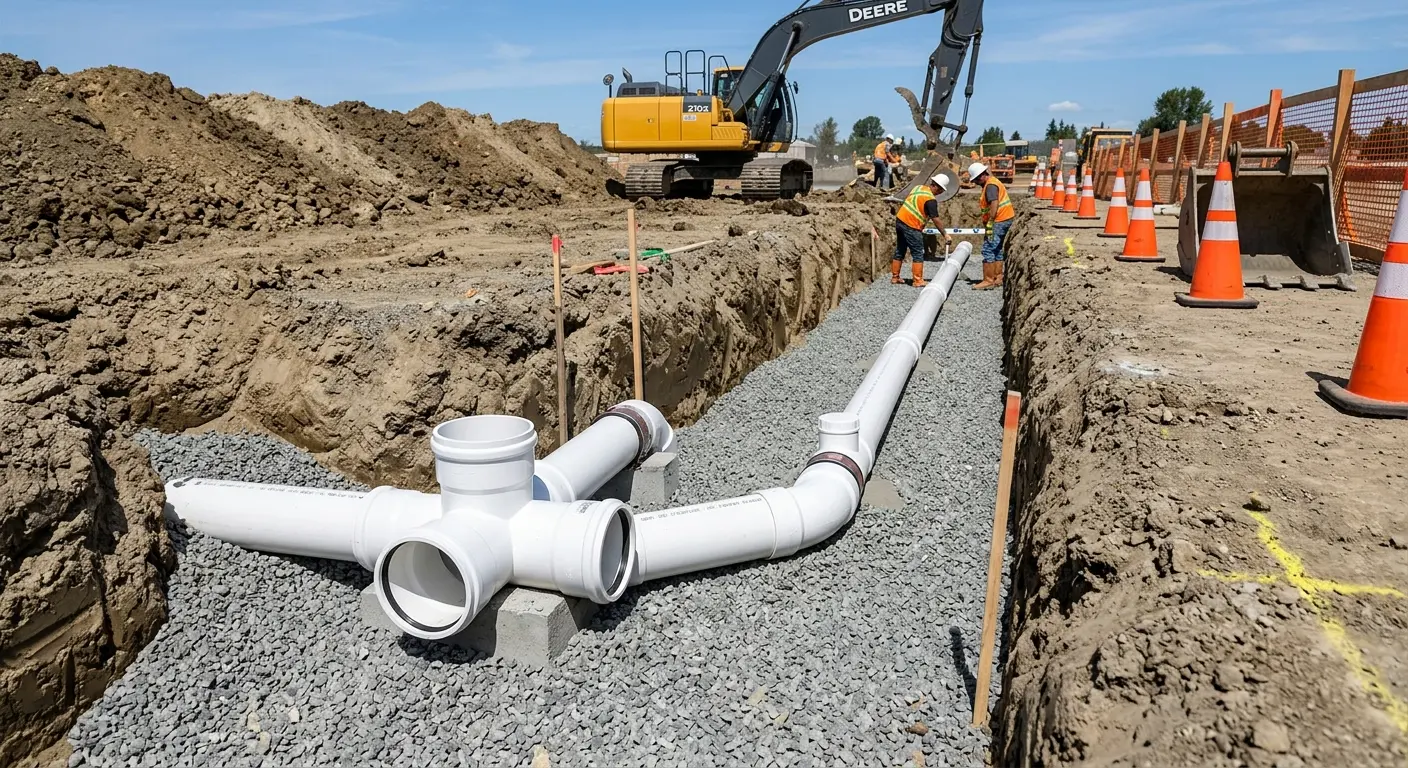 New PVC sewer pipe installation in open trench for Sewer Backup in Larkfield-Wikiup