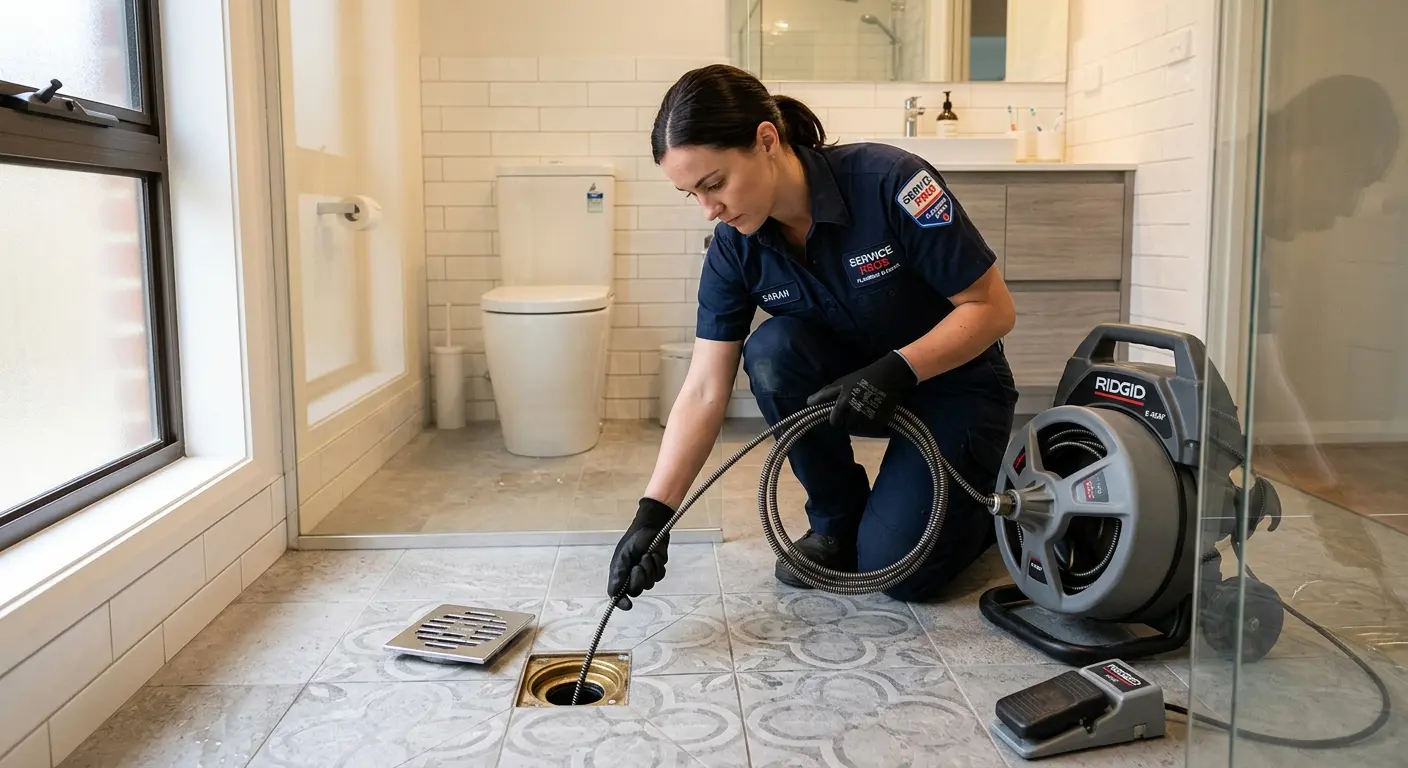 Technician clearing a bathroom floor drain for Drain Cleaning in Larkfield-Wikiup